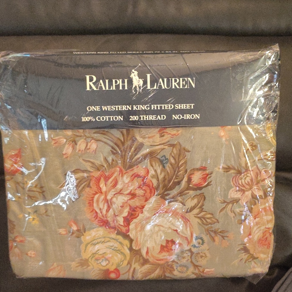 Ralph Lauren Charlotte IV Green Western King Fitted Sheet Vtg
